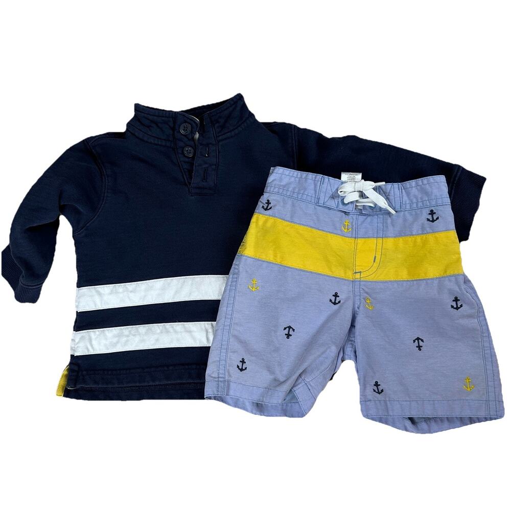Janie And Jack Boys 12-18 Mos Swim Trunk & Striped 1/4 Popover Sweatshirt Preppy